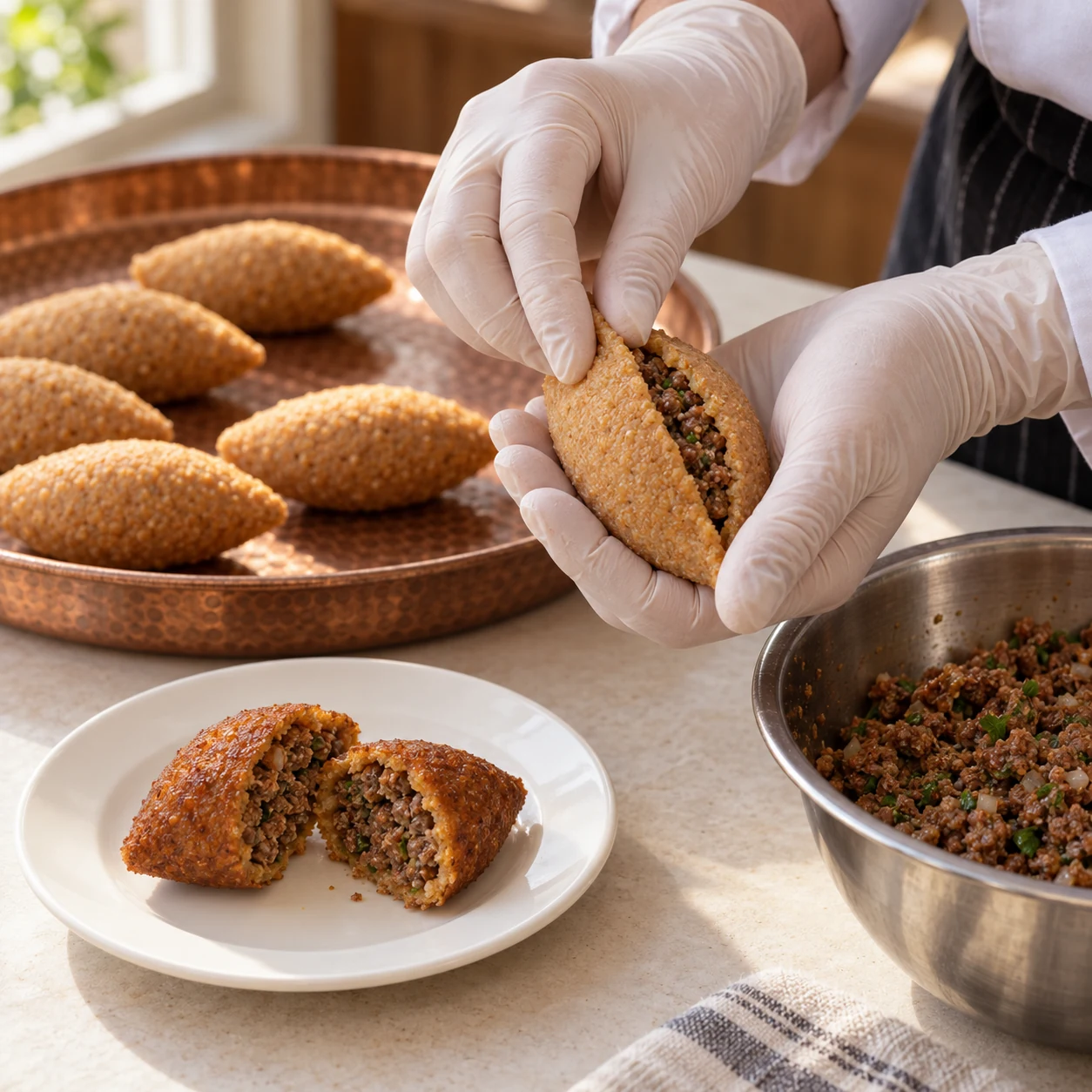 Usta elleri bulgur hamurundan içli köfte biçimlendiriyor; bakır tepside sıra sıra hazır köfteler ve 7 Lezzet porselen tabağında kızarmış bir tanesi.